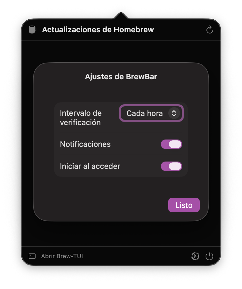 BrewTUI-Bar settings popover
