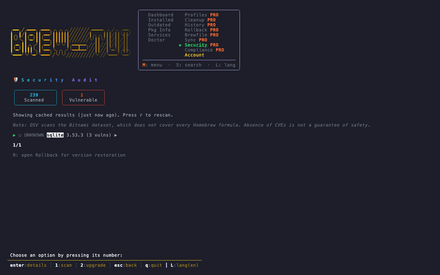 BrewTUI-Bar security audit screen
