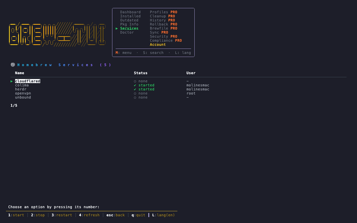 BrewTUI-Bar services screen