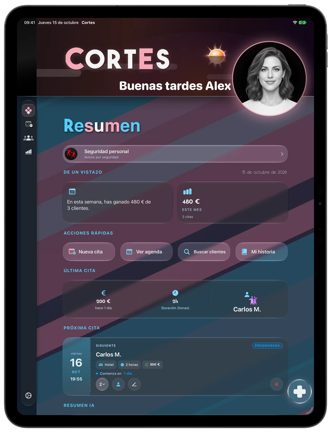 Panel de Inicio de Cortes en un iPad