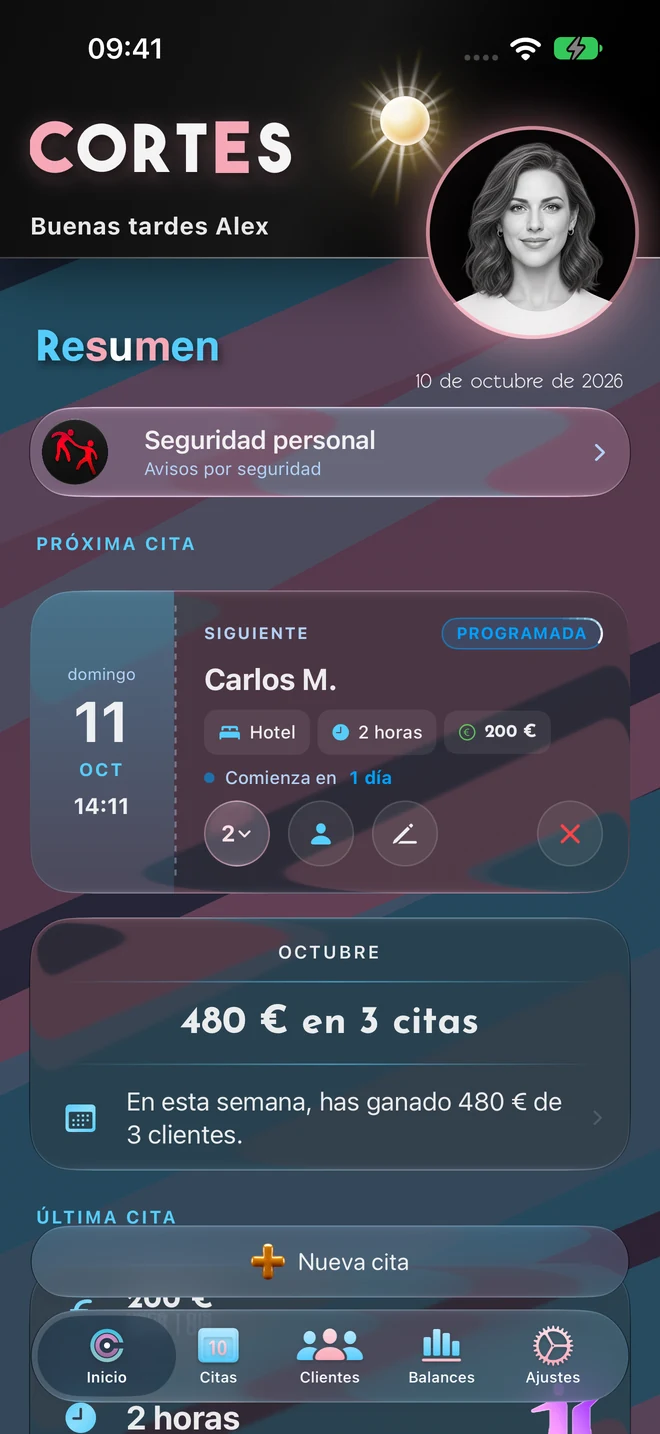 Panel de Inicio de Cortes en un iPhone