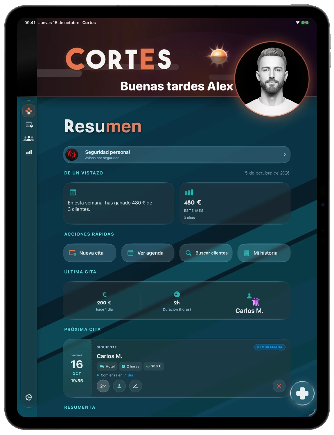 Panel de Inicio de Cortes en un iPad