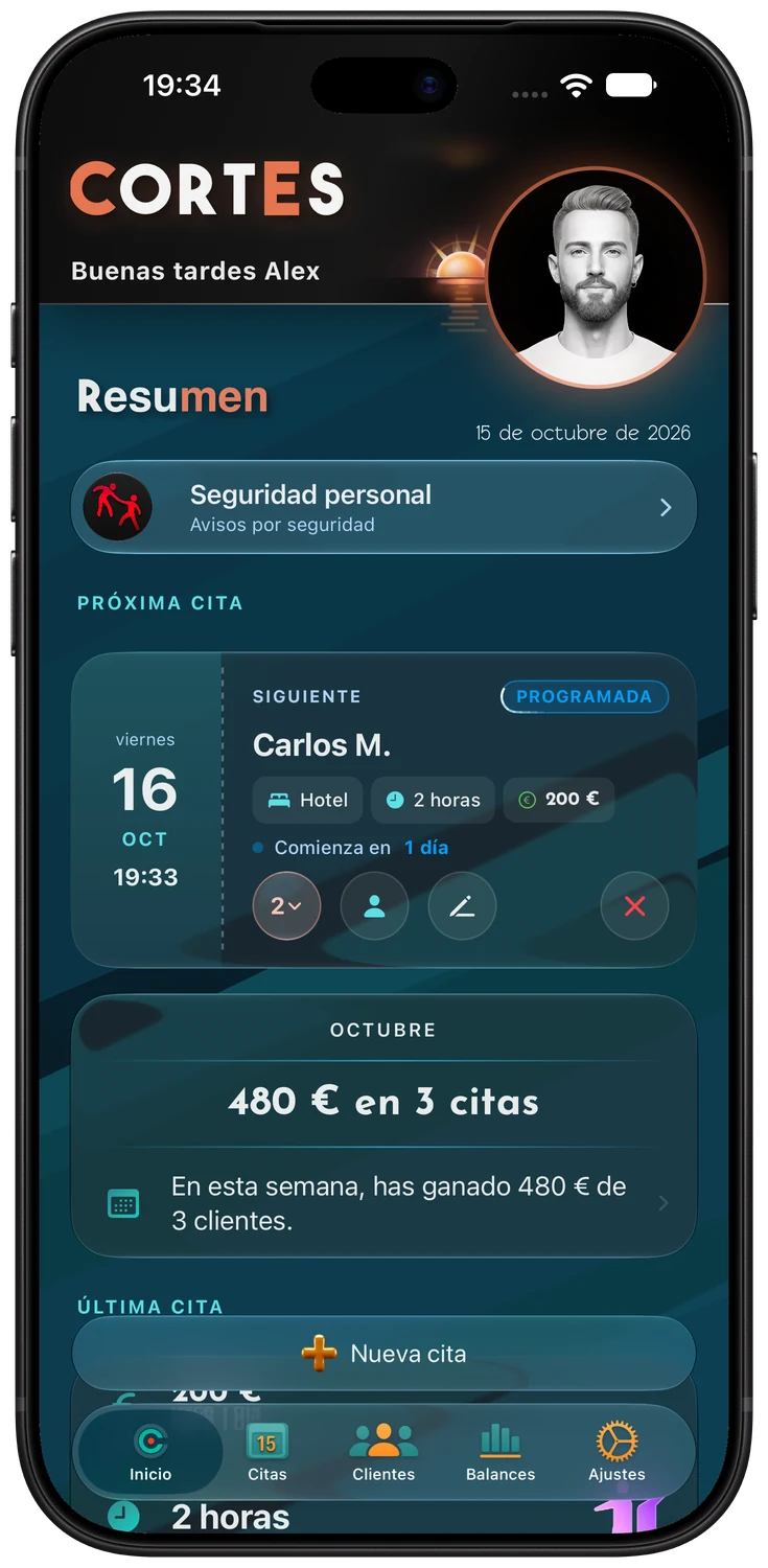 Panel de Inicio de Cortes en un iPhone