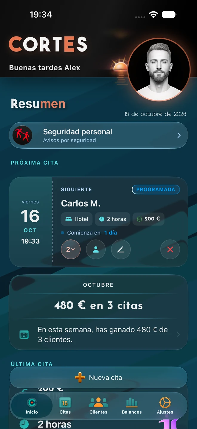 Panel de Inicio de Cortes en un iPhone